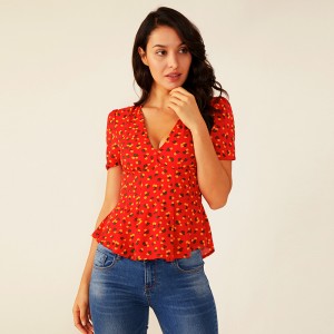 Camicia da donna con stampa floreale plissettata arricciata rossa Deep V Summer